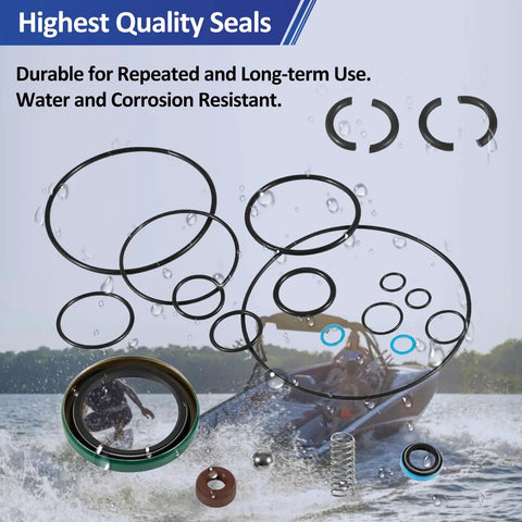 Upper Unit Seal Kit For Bravo Stern Drive Replacement Marine Grade Gasket Set To Stop Leaks Restore Performance And Smooth Shifts For Bravo I II III Today, with seals and gaskets displayed in front of a speedboat on water.