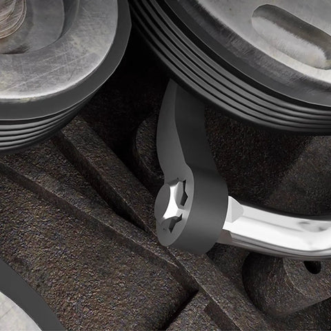 Close-up of Two Pack Pry Bar Wrench Adapter and Ratchet Pry Bar Attachment fitted in machinery with metal finish.