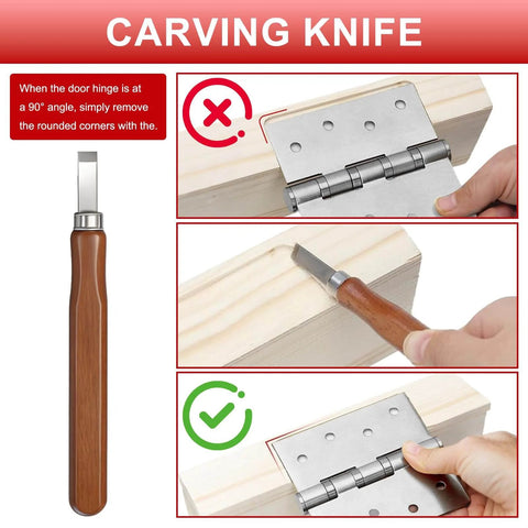Carving knife demonstrating use on wooden surface to adjust rounded corners near door hinge.