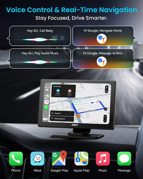 Effortless 9 Inch Wireless Apple CarPlay And Android Auto Screen with navigation display and voice control features in use