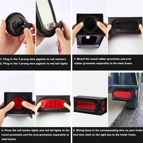 Assembly of Heavy Duty Steel Trailer Light Box Kit With 6 Inch Oval Red LED Tail Lights And 2 Inch Round Red LED Side Markers 2 Pack
