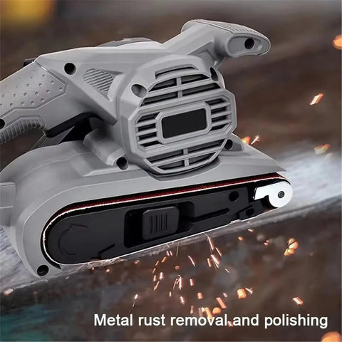 Heavy Duty Portable Tabletop Belt Sander And Polisher, 810W Motor for metal rust removal, close-up of sander in action.