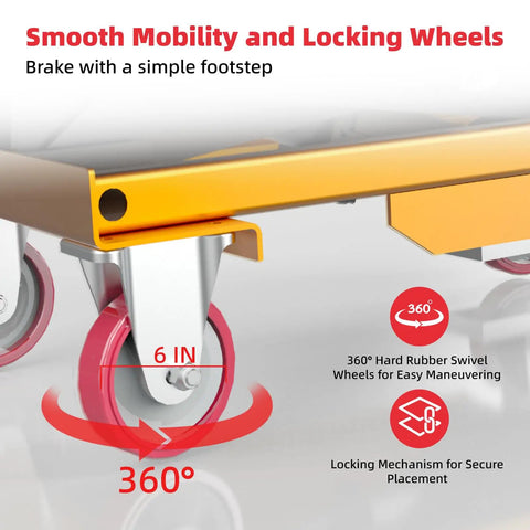 Close-up of Rock Solid 660 Lb Hydraulic Lift Table Cart With Integrated Pump's locking caster wheels and smooth mobility features.