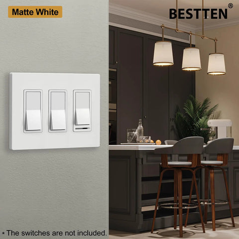 Five Pack Matte White 3-Gang Screwless Wall Plate Cover installed in modern kitchen setting