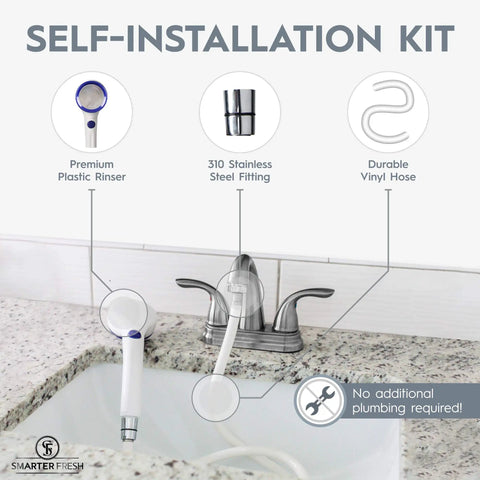 Sink Hose Sprayer Attachment For Bathroom And Kitchen Faucets, Extender And Hair Washing Hose installation kit shown on sink