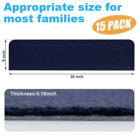 Image showing 8x30 inch navy No Slip Carpet Stair Treads For Wooden Steps 15 Pack with thickness detail, self adhesive mat.