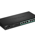 8 Port Gigabit PoE Plus Switch With 65W Power Budget, compact black fanless design, front view showing ports and indicators