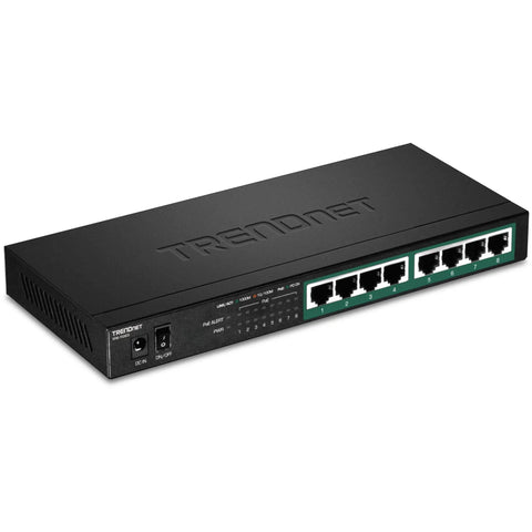 8 Port Gigabit PoE Plus Switch With 65W Power Budget, compact black fanless design, front view showing ports and indicators