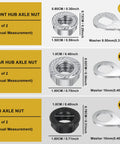 Image showing Durable Carbon Steel Bike Hub Nut And Safety Washer Kit With M8 M9.5 M10 for front and rear wheel hubs with dimensions.