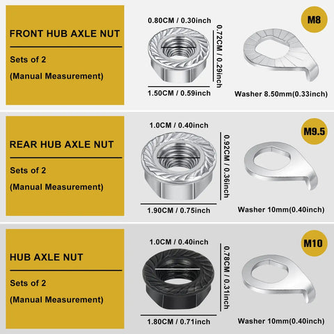 Image showing Durable Carbon Steel Bike Hub Nut And Safety Washer Kit With M8 M9.5 M10 for front and rear wheel hubs with dimensions.