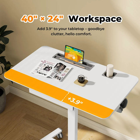 Flex Your Workspace Routine With This Slick Rollaway Standing Desk Featuring A Roomy Desktop Pull Out Storage Bin Built In Mug Holder Heavy Duty Side Hooks And Easy Glide Wheels, showing 40x24 inch tabletop with storage and mug holder.