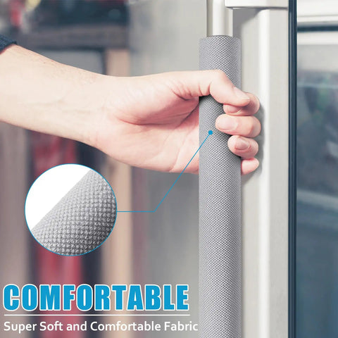 Person holding gray Refrigerator Door Handle Covers Set Of 6 Trim To Fit Washable Fridge Handle Protector Keeps Dirty Handprints Off No Hassle Easy Timesaver Kitchen Decor Gray Looks Great