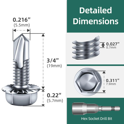 Heavy Duty Hex Head Self Tapping Screws 25 Pack 12 X 3/4 Inch Zinc Flanged Diamond Point, detailed dimensions with drill bit.