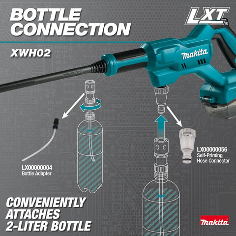 No Cord Power Cleaner 320 PSI 0.7 GPM bottle connection diagram with 2-liter attachment adapter shown in detail