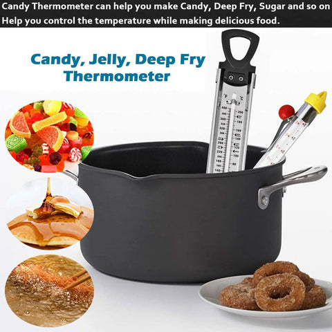 Candy Thermometer With Pot Clip Instant Read Six Stage Deep Fry And Candy Making Gauge for jam syrup jelly, in a cooking pot.