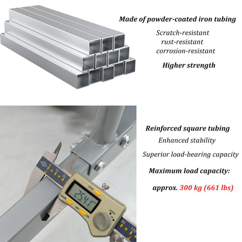 Close-up of Heavy Duty Metal Tire Storage Rack With Swivel Casters showing reinforced powder-coated iron tubing for stability.