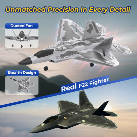 F22 Remote Control Airplane 4 Channel With Lights 2.4G Fighter Jet With Six Axis Gyro Stabilizer For Beginners displayed in flight