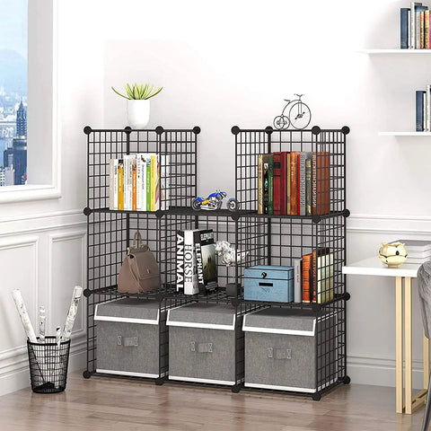 9 Cube Wire Storage Organizer With Metal Grid Panels, Modular Bookshelf And Closet Cabinet Black Finish in living room