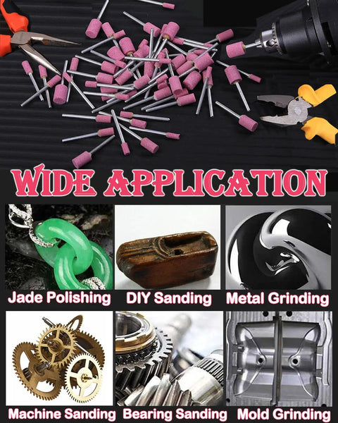 60 Pack Grinding Stone Set With One Eighth Inch Shank For Rotary Tools Cylindrical Grinding Bits arranged with tools and applications.