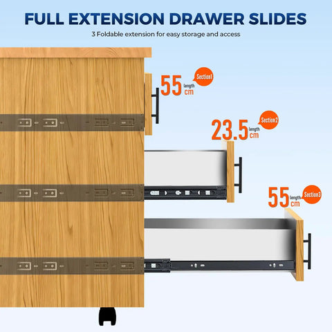 10 Pairs Soft Close Heavy Duty Drawer Slides 22 Inch Full Extension Ball Bearing Side Mount 500 Lb Capacity Black Quiet Smooth Glide For Dresser Drawers And Cabinet Upgrades, shown in open position on dresser.