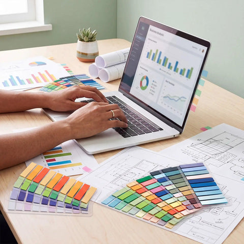 Writable Sticky Tabs Set With 80 Color Varieties, 16000 Index Tabs for annotating documents on a desk with laptop