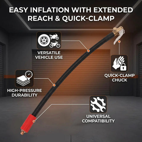 Flexible Silicone Tire Inflator Extension Hose With Quick Clip Chuck Reaches Tight Valve Stems On Cars And Trucks Effortlessly Handles During Roadside Emergencies Or Garage Jobs Avoids Awkward Bending Inside Cramped Wheel Wells 16 Inch Connector, black hose