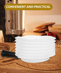 Heavy Duty Hole Saw Dust Bowl Catcher Clamps Tight To Bits Sweeps Chips Away Fast To Keep Your Workshop Tidy And Turn Messy Renovation Jobs Into Smooth Sailing, white color, situated next to a drill in a workshop.