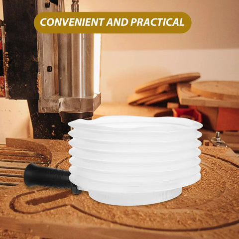 Heavy Duty Hole Saw Dust Bowl Catcher Clamps Tight To Bits Sweeps Chips Away Fast To Keep Your Workshop Tidy And Turn Messy Renovation Jobs Into Smooth Sailing, white color, situated next to a drill in a workshop.