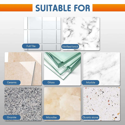 Tile sample collage showing swatches: full tile, vitrified brick, ceramic, glass, marble, granite, microlite, quartz.
