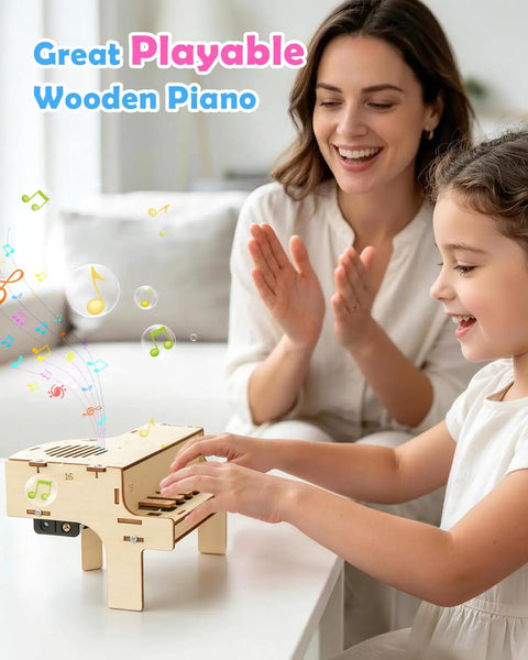 Totally Fun Playable Wooden Piano STEM Toy Kit For Kids And Teens Buildable 3D Puzzle Craft Set For Girls And Boys Ages 8 9 10 11 12 13 14 15 16 Kid Approved Educational Musical Gift For Holidays And Birthdays, child playing wooden piano