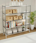 Five Tier Stainless Steel Shelving Rack With Heavy Duty Adjustable Storage Shelves in a modern room, holding books and decor.