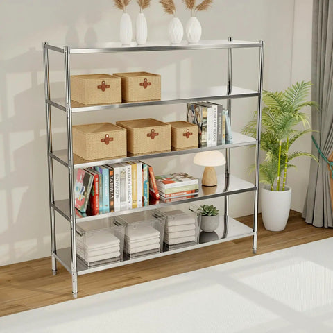 Five Tier Stainless Steel Shelving Rack With Heavy Duty Adjustable Storage Shelves in a modern room, holding books and decor.