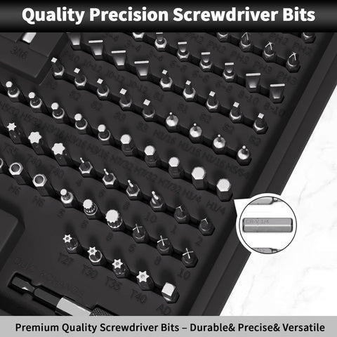Close-up of 228 Piece Pro Grade Screwdriver Bit Set with Magnetic Bit Holder and Quick Change Adapter in a tool box.