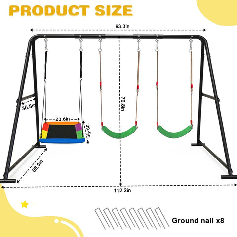 3-In-1 Backyard Swing Set With Platform Swing And Two Belt Swings, Heavy-Duty Metal Frame, 600 Lb Capacity, 8 Ground Stakes, Outdoor Swingset For Kids And Grownups, Black shown on white background with dimensions and illustrated ground stakes.