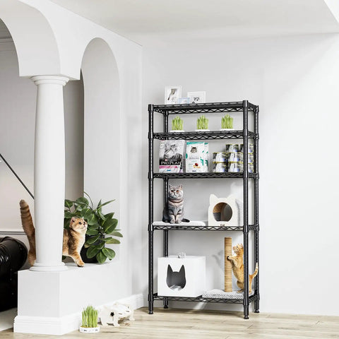 Heavy Duty 5 Tier Metal Storage Shelves with Wire Racks for Garage Kitchen Bathroom and Laundry, 1250 Lbs Capacity, Space Saving Freestanding Organizer, Black Finish, 13.8 D x 29.5 W x 59.5 H, used in cat room