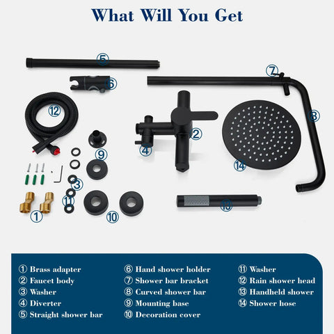Matte Black Outdoor Shower System with Rainfall Head and Hand Spray components layout, SUS304 stainless steel parts displayed