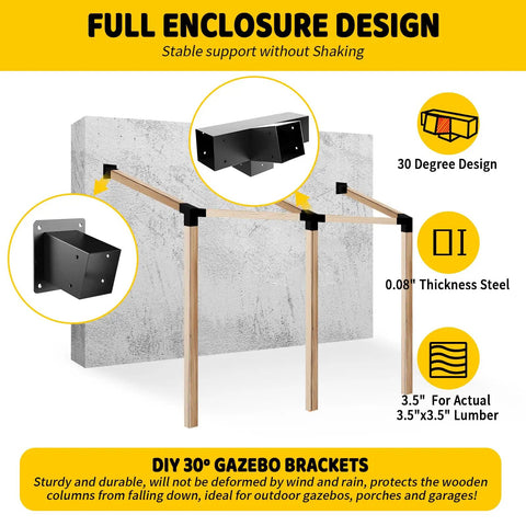 Heavy Duty Beefy 3 Way Slanted Roof Pergola Bracket Kit With Wall Mount Post Base For 4x4 Beams 30 Degree Right Angle Corners Galvanized Steel For Porches And Gazebos 4 Pack