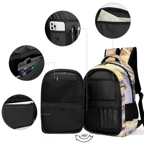Interior view of Winter Pine Landscape Backpack Unisex Daypack with multiple pockets and large capacity, polyester material.