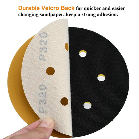 6 Inch Hook and Loop Sanding Discs 320 Grit, 6-Hole, showing velcro back for secure attachment