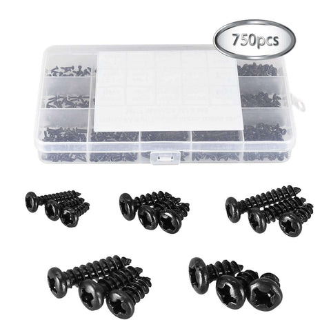 750 Piece Self Tapping Screws Set M1.7 Through M3 Phillips Pan Head Cross Recessed Carbon Steel Black for DIY