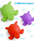 Three tactile turtles in large green, medium red, and small purple for Tactile Turtles Math Activity Set for Toddlers and Preschoolers