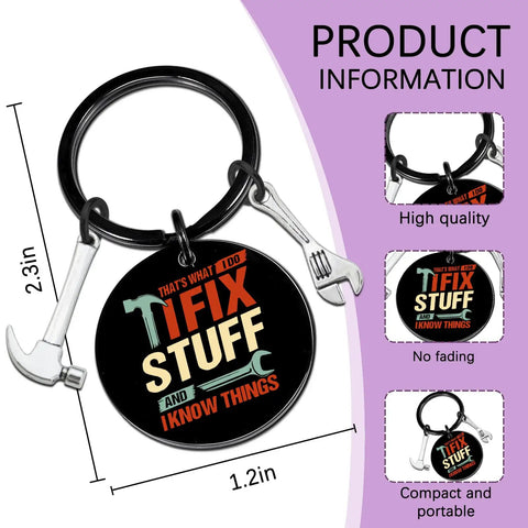 Keychain Gift For Men I Fix Stuff And I Know Things Ideal Dad Gift, black metal with tool charms, 2.3x1.2 inches