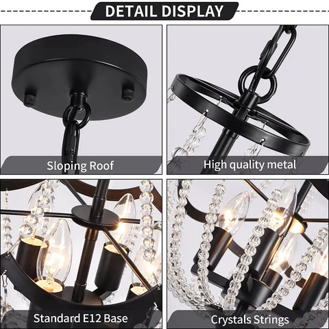 Detail display of Crystal Four Light Chandelier Black Farmhouse Pendant Fixture showing E12 bulbs and crystal strings.