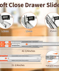22 Inch Soft Close Drawer Slides With Ultra Smooth Full Extension, Stainless Steel Side Mount Glides shown in detailed measurement view