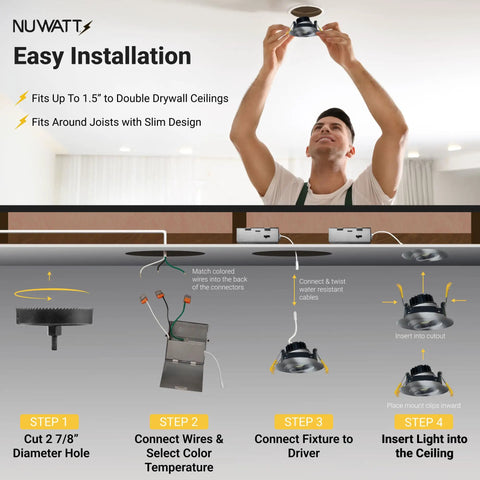 Man installing 3 Inch LED Gimbal Recessed Downlight Canless 4 Pack With 5 CCT Color Switch 2700K To 5000K 8W 600 Lumens Dimmable