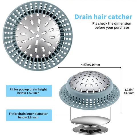 Straight Up Solid Zinc Alloy Bathtub Drain Hair Catcher With Non Slip Silicone Grip measures 4.57in, fits drains below 2.8in.