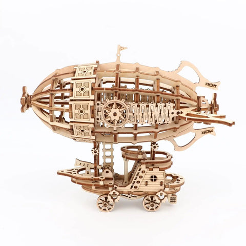 Side view of Steampunk Airship 3D Wooden Puzzle Kit With 169 Pieces For Teens And Adults A Dope STEM Brain Teaser And DIY Craft Model