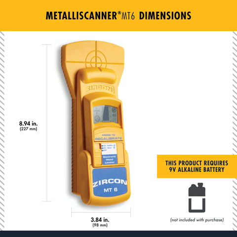 MT6 Pro Deep Scan Metal Detector Handheld Locator dimensions with yellow exterior, 8.94 x 3.84 inches, battery not included