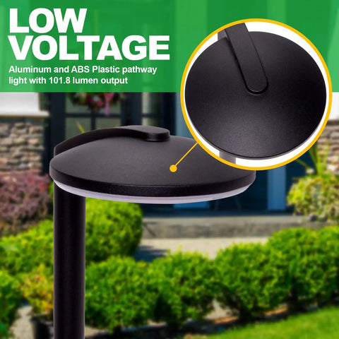 Close-up of modern aluminum low voltage path lights kit for outdoor walkways and gardens, black finish, 8 pack, durable weatherproof.