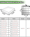 Size chart for hidden heavy duty drainage cover with hooks for lawns, docks, and pavements, showing dimensions in centimeters and inches.